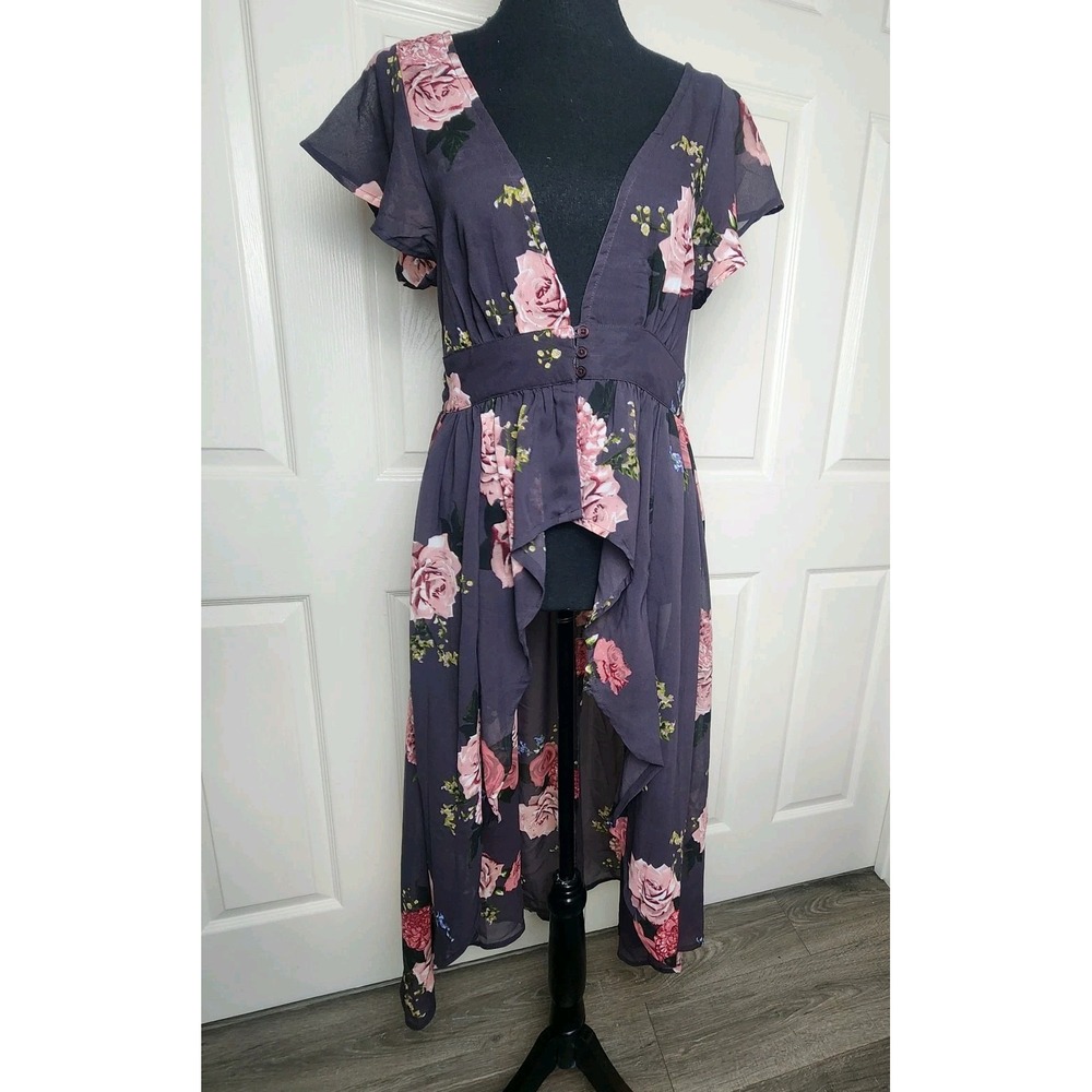 Live 4 Truth M Gray Floral High Low Sheer Kimono Top‎ Duster Coverup Romantic